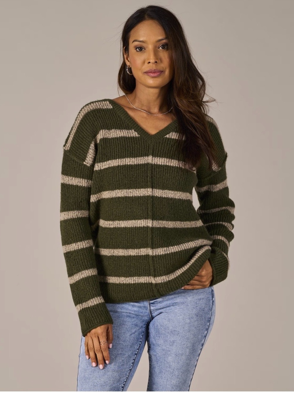 Natural Refections women’s S Striped V-Neck Olive & Cream knit Sweater (new)